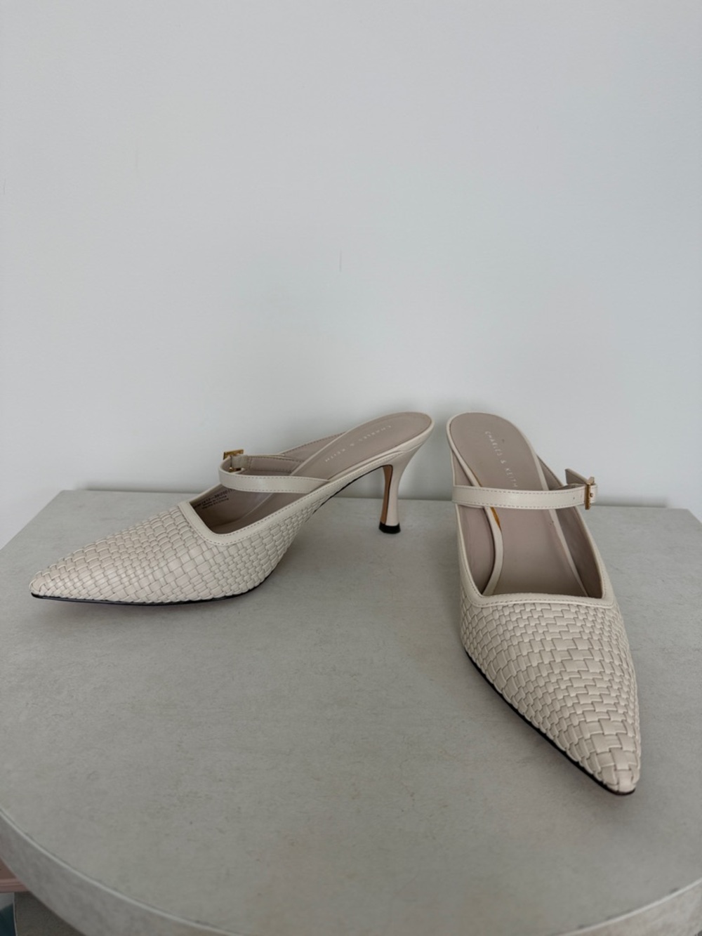 Woven Pointed Toe Slingback Heels in Cream